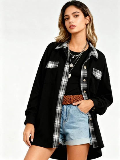 Women’s Long Sleeve Button-Down Shirt Jacket with Plaid Trim – Soft Stretch Fabric