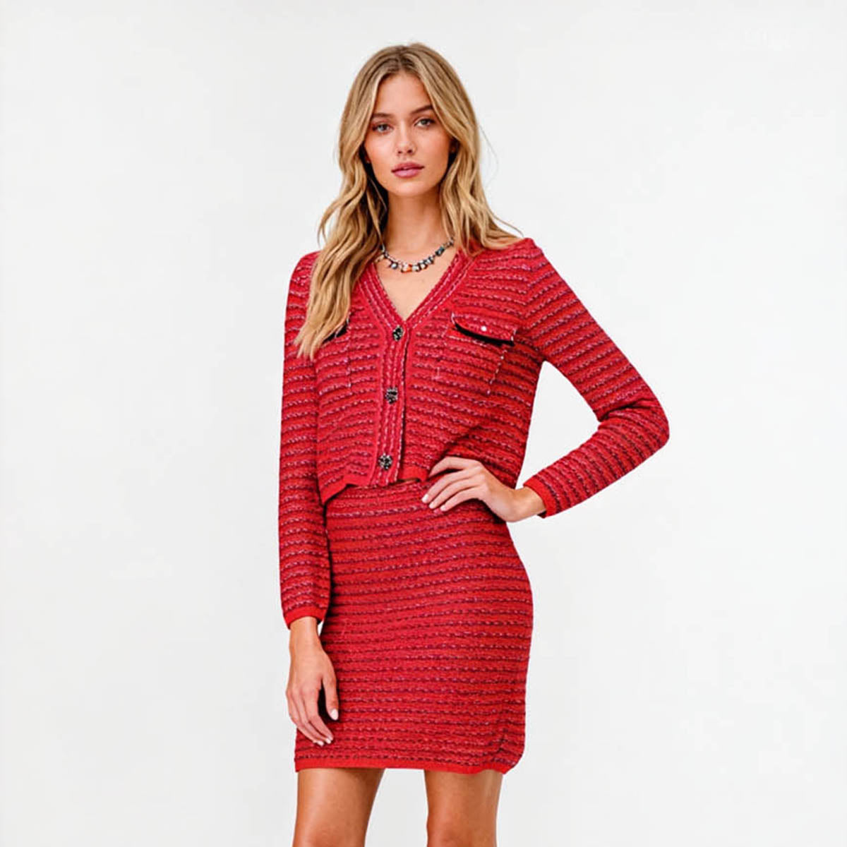Cherie Code Women’s Red Stripe Long‑Sleeve Knit Cardigan & Skirt Set – Textured Rib Knit Button‑Front Two‑Piece Suit
