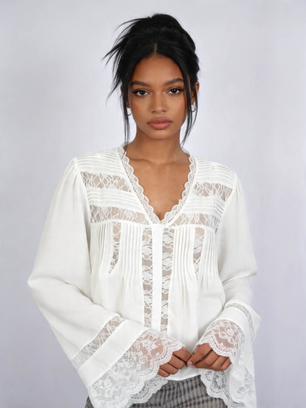 Cherie Code Women’s Lace‑Trim Ruffle Blouse – V‑Neck Button‑Down Top with Bell Sleeves