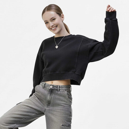 Cherie Code Women’s Cropped Crew‑Neck Sweatshirt – Long‑Sleeve Pullover with Dropped Shoulders