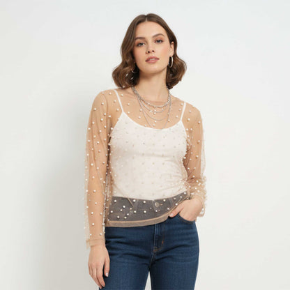 Women's Elegant Pearl & Rhinestone Sheer Top - Slim Fit Long Sleeve Layering Blouse Cherie Code