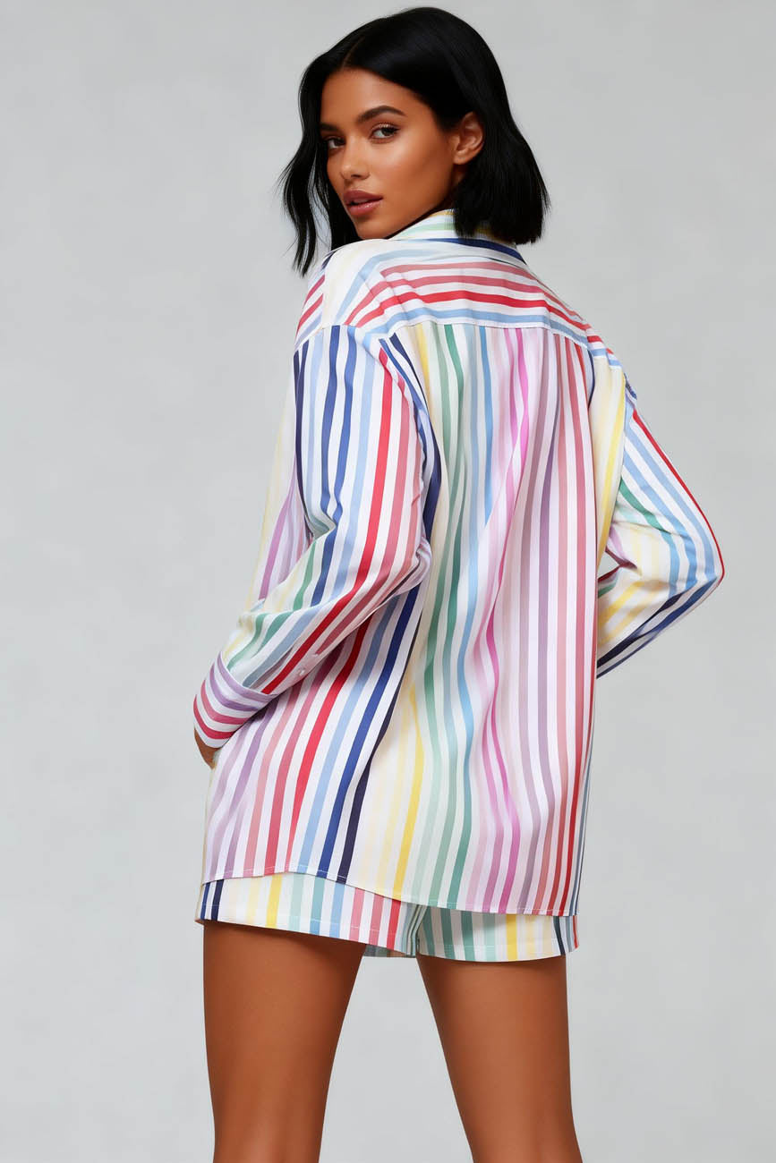 Cherie Code Women's Striped Button-Down Long Sleeve Shirt and High Waist Shorts Set – Striped Casual Loungewear Set