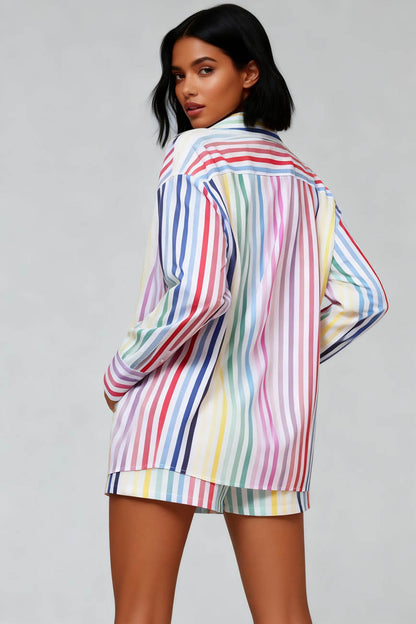 Cherie Code Women's Striped Button-Down Long Sleeve Shirt and High Waist Shorts Set – Striped Casual Loungewear Set