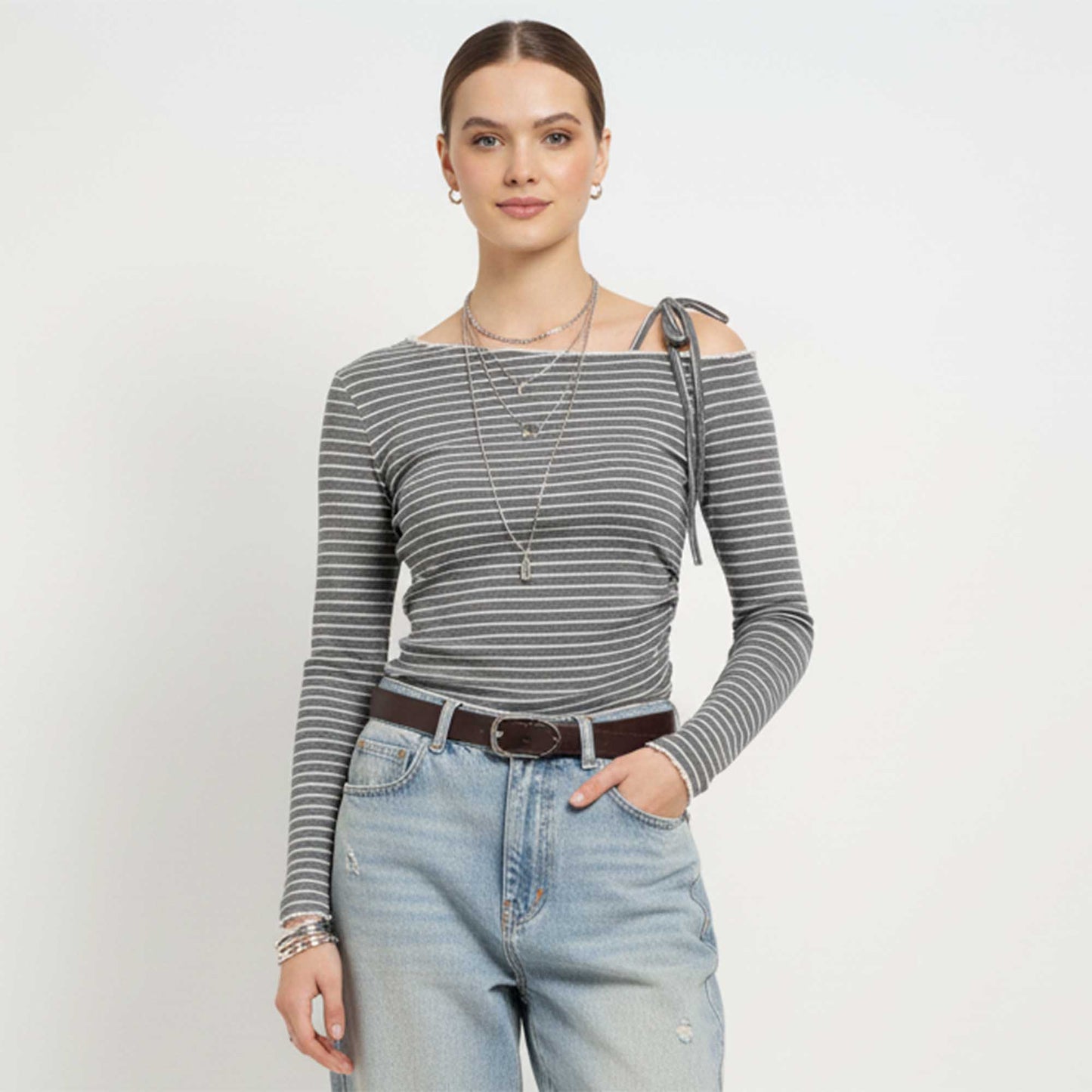 Cherie Code Women’s Grey Stripe One‑Shoulder Tie Long‑Sleeve Tee – Chic Ribbed Knit Casual Top