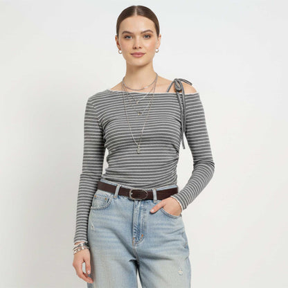 Cherie Code Women’s Grey Stripe One‑Shoulder Tie Long‑Sleeve Tee – Chic Ribbed Knit Casual Top