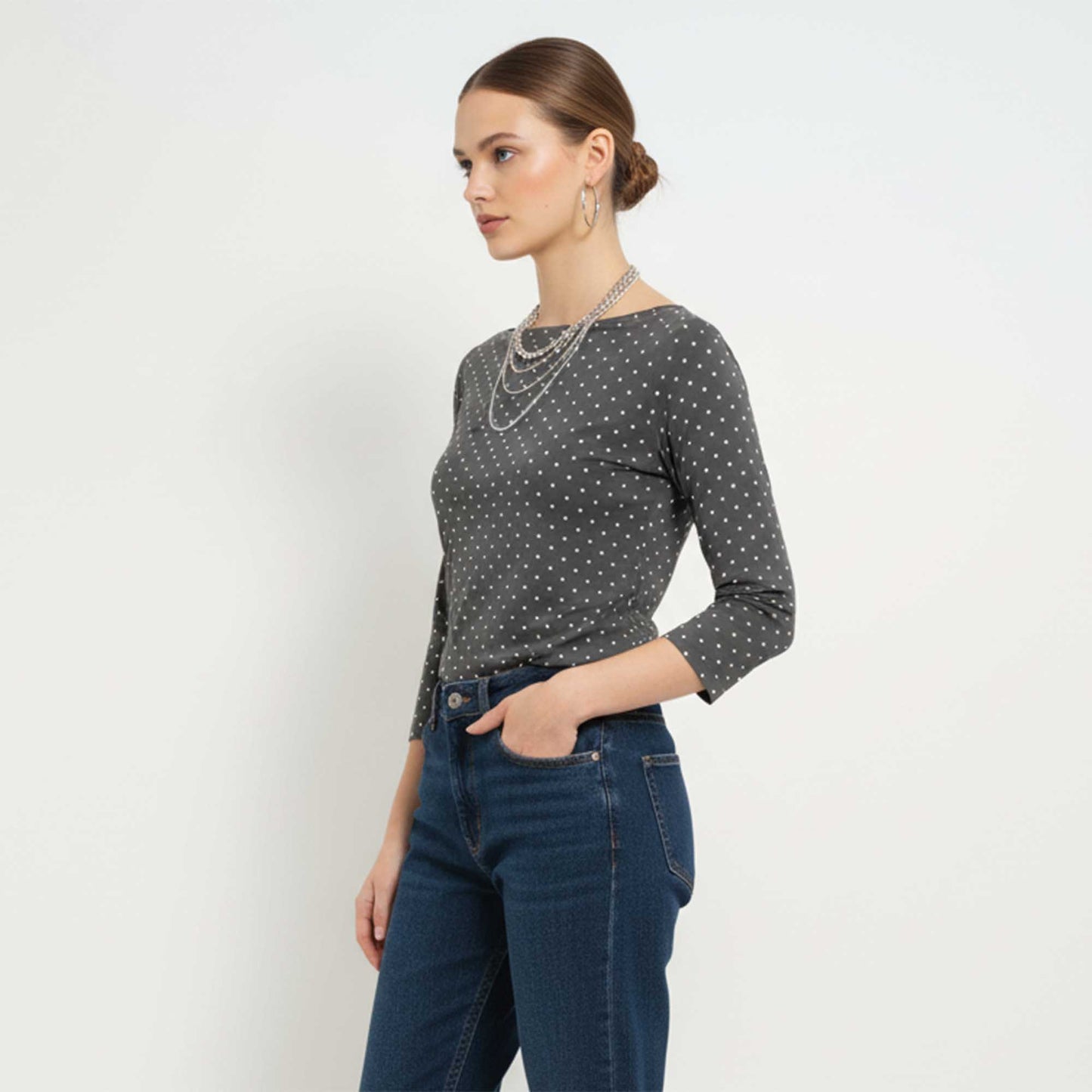 Cherie Code Women’s Polka‑Dot Long‑Sleeve Tee – Navy Dot Print Scoop Neck Casual Top