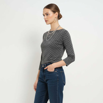 Cherie Code Women’s Polka‑Dot Long‑Sleeve Tee – Navy Dot Print Scoop Neck Casual Top