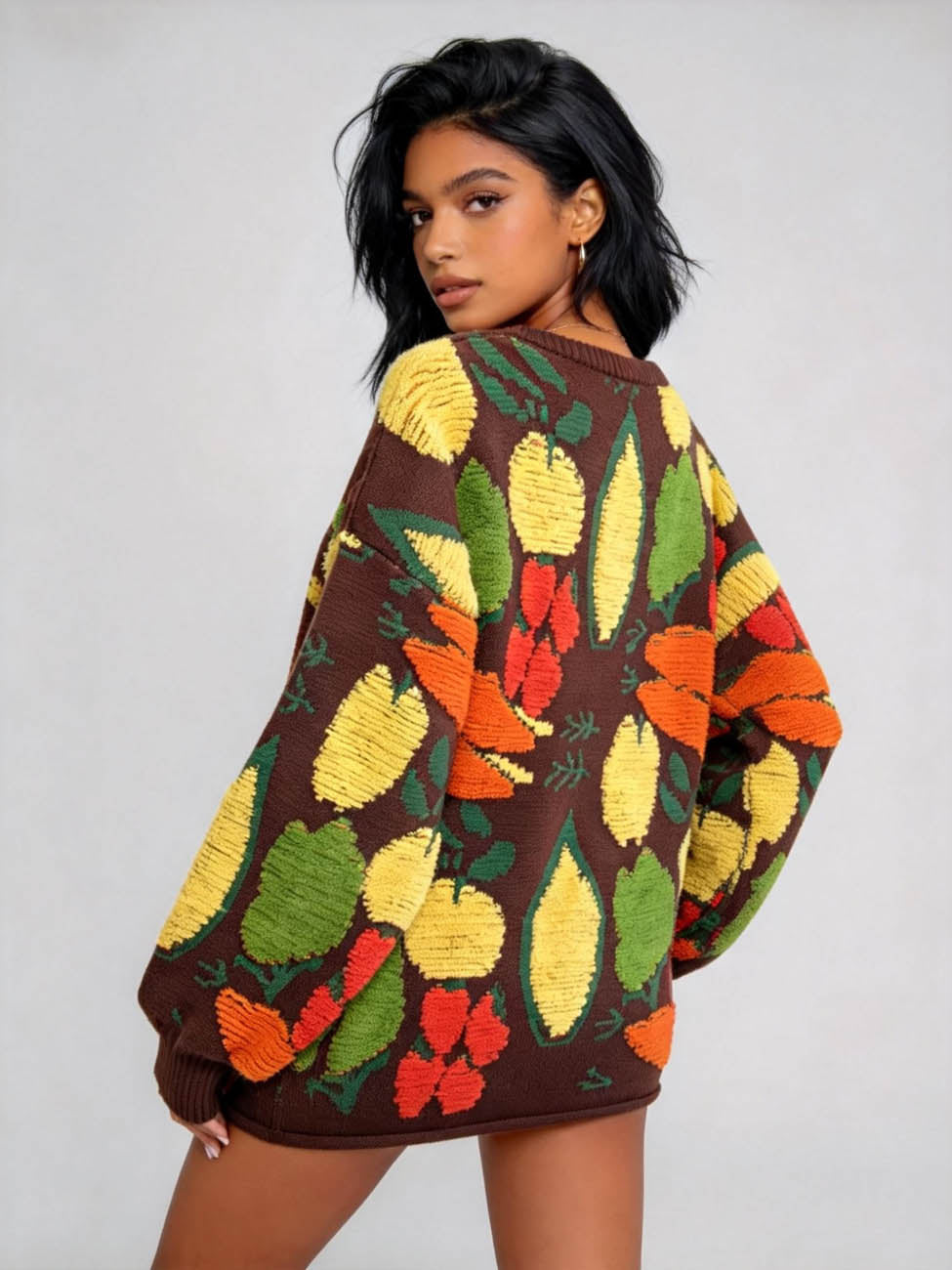 Women's Veggie Garden Jacquard Knit Cardigan -Casual Button Front Sweater Long Sleeves