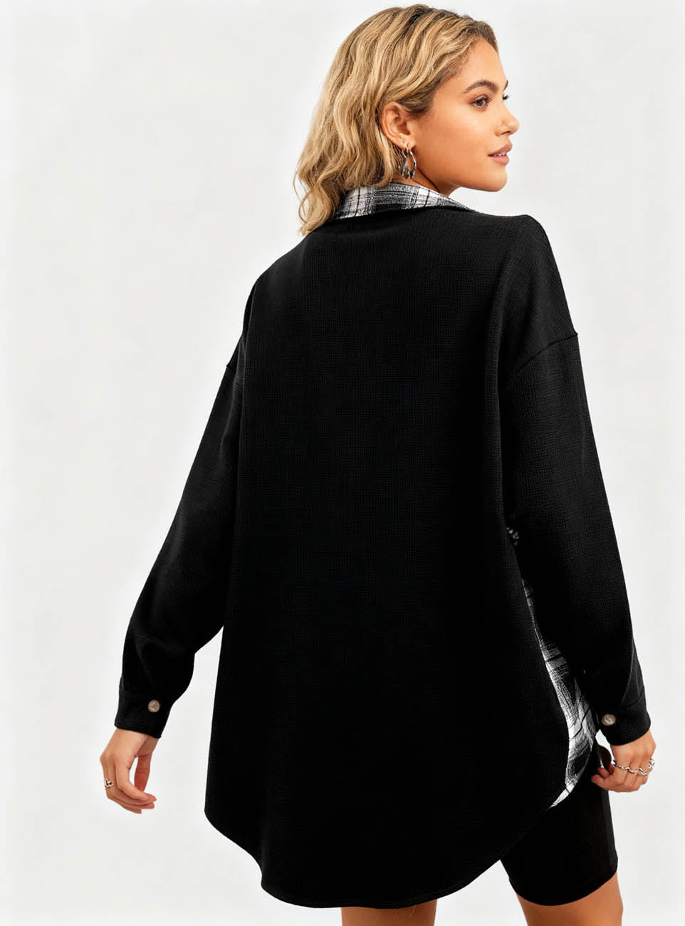Women’s Long Sleeve Button-Down Shirt Jacket with Plaid Trim – Soft Stretch Fabric