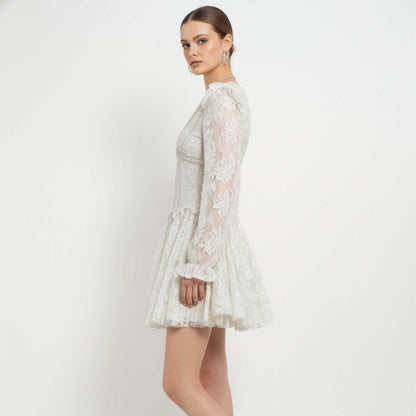 Cherie Code Women’s White Lace V‑Neck Mini Dress – Romantic Long‑Sleeve Fit & Flare Evening Dress