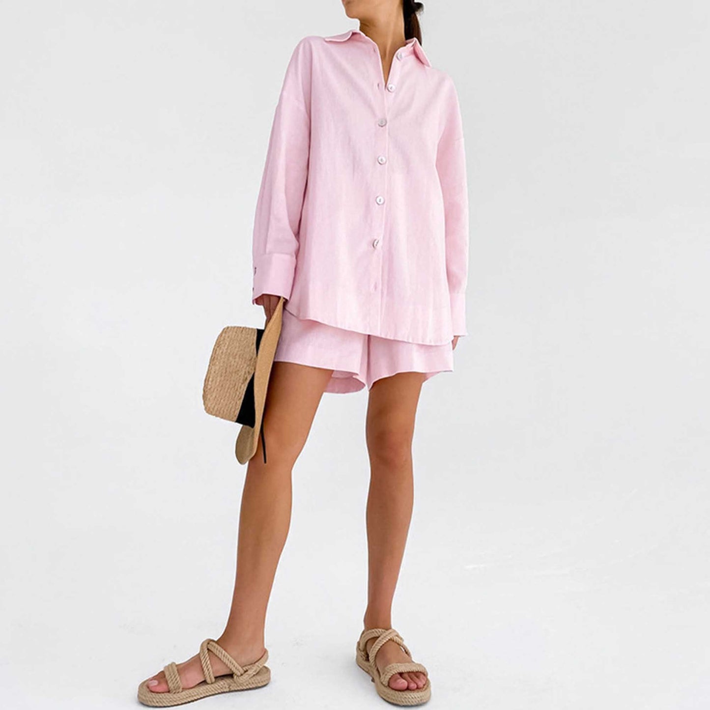 Woman Solid Shorts Set – Slim Fit Long-Sleeve Lapel Shirt & Shorts, Cotton Lined Cherie Code