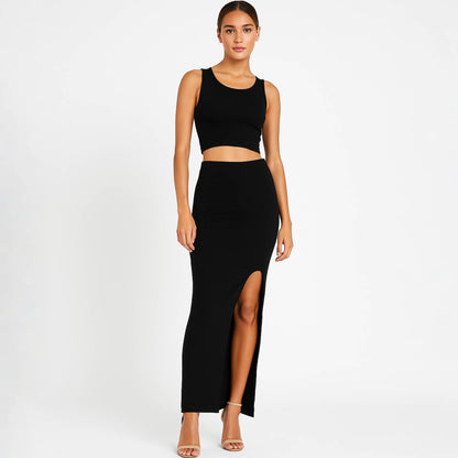 Woman Stretch Viscose Slim Fit Skirt Set - Sleeveless Crop Top 2PCS Outfit Cherie Code