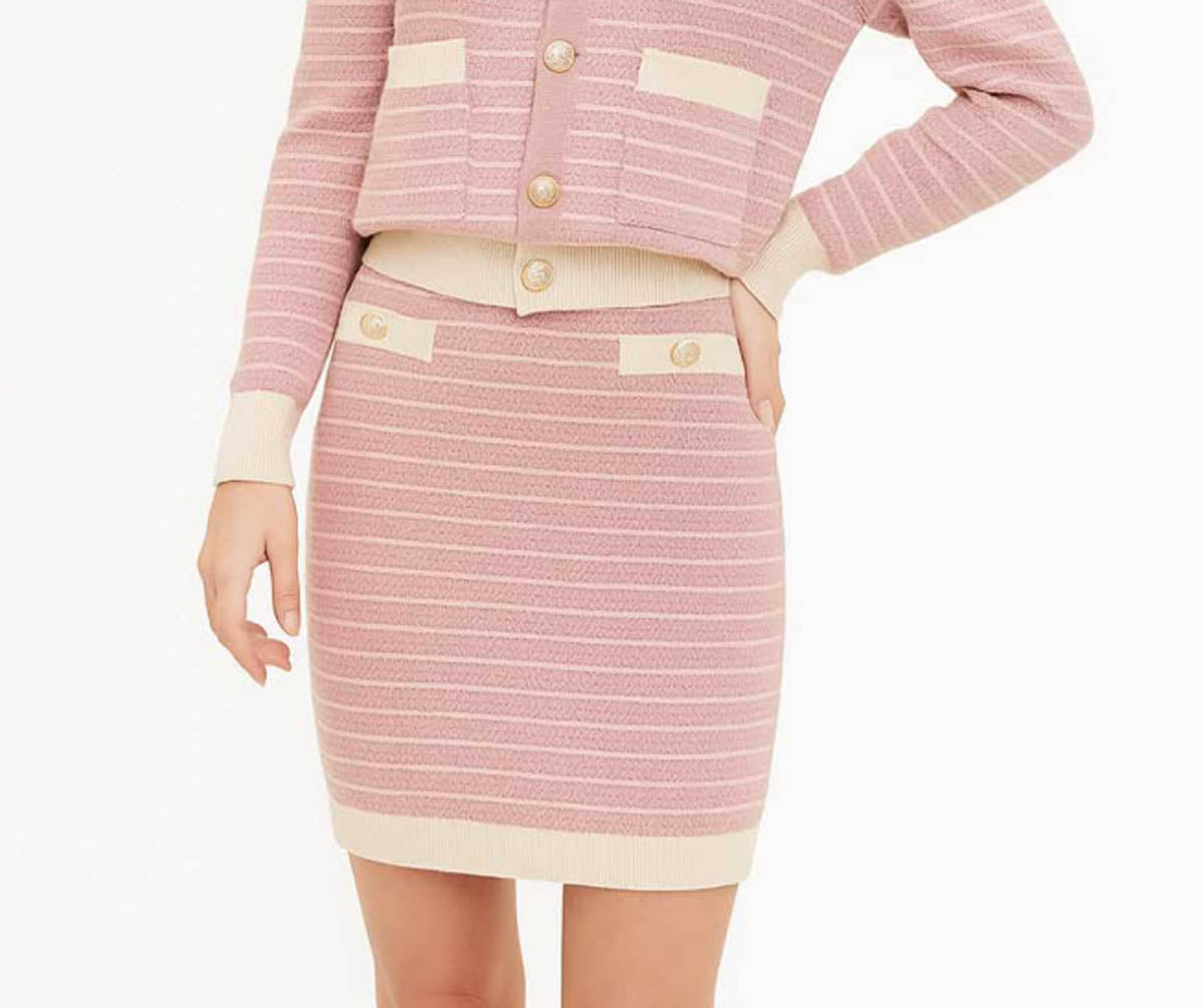2-Piece Knit Set Women’s Pink & Cream Stripe Cardigan and Skirt – Long Sleeve, Button-Front, Fitted Silhouette