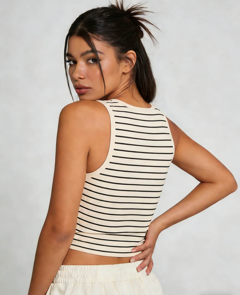 Cherie Code Women's Striped Ribbed Crop Tank Top – Sleeveless,  Casual Summer Tee
