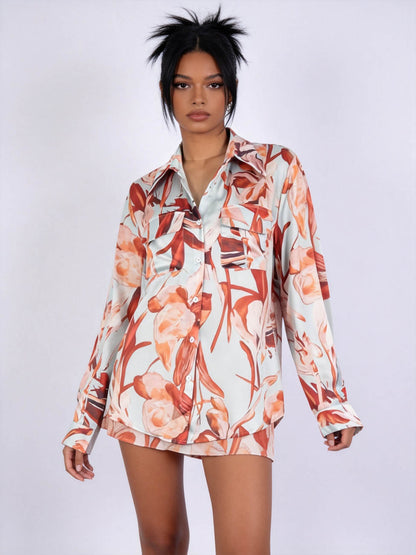 Cherie Code Women's Floral Print Button Down Shirt – Lightweight Long Sleeve Relaxed Fit Blouse, Vacation Casual Resort Top
