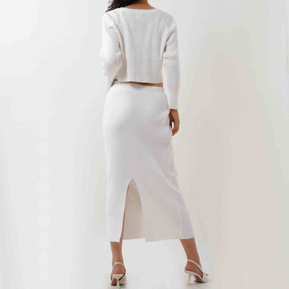 Women's Sweater Set - Stretch Knit Top & Back-Slit Midi Skirt Matching Set Cherie Code