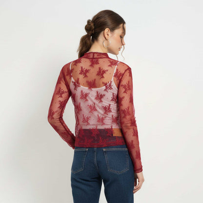 Women's Floral Lace Slim-Fit Top – Sheer Stretch Tee with Baby Overlock Edge Cherie Code