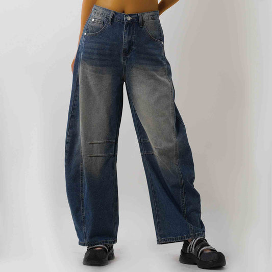 Women's Barrel Leg Baggy Jeans – High Rise Vintage Wash Slouchy Fit Denim by Cherie Code