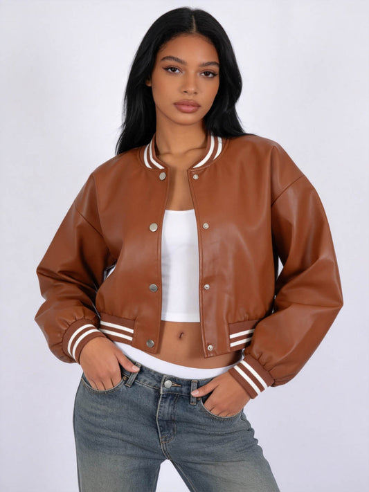Cherie Code Women's Faux Leather Varsity Bomber Jacket – Snap Button Long Sleeve Cropped Baseball Jacket with Striped Rib Trim