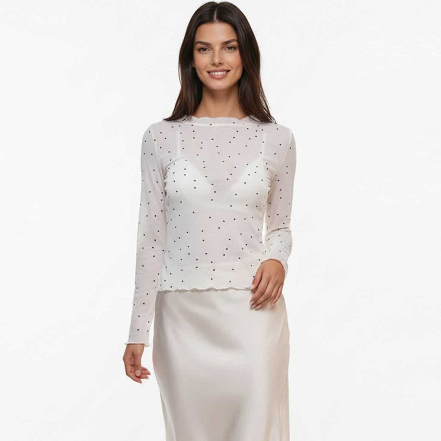 Cherie Code Women’s Mesh Dot Print Top – Slim Long-Sleeve Layer, Stretch