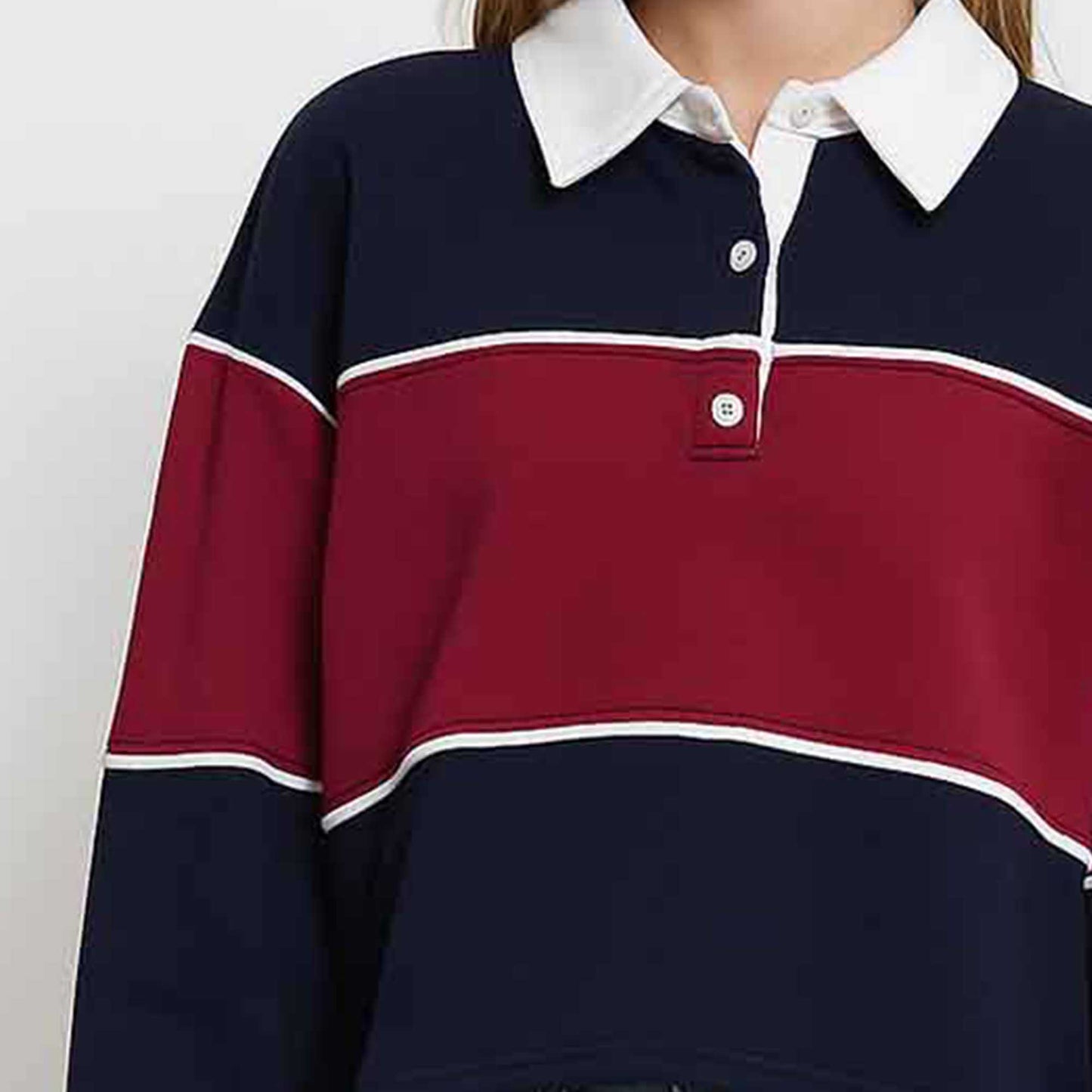 Women's Colorblock Polo Collar Long Sleeve Sweatshirt – Casual Pullover Top for Fall by Cherie Code