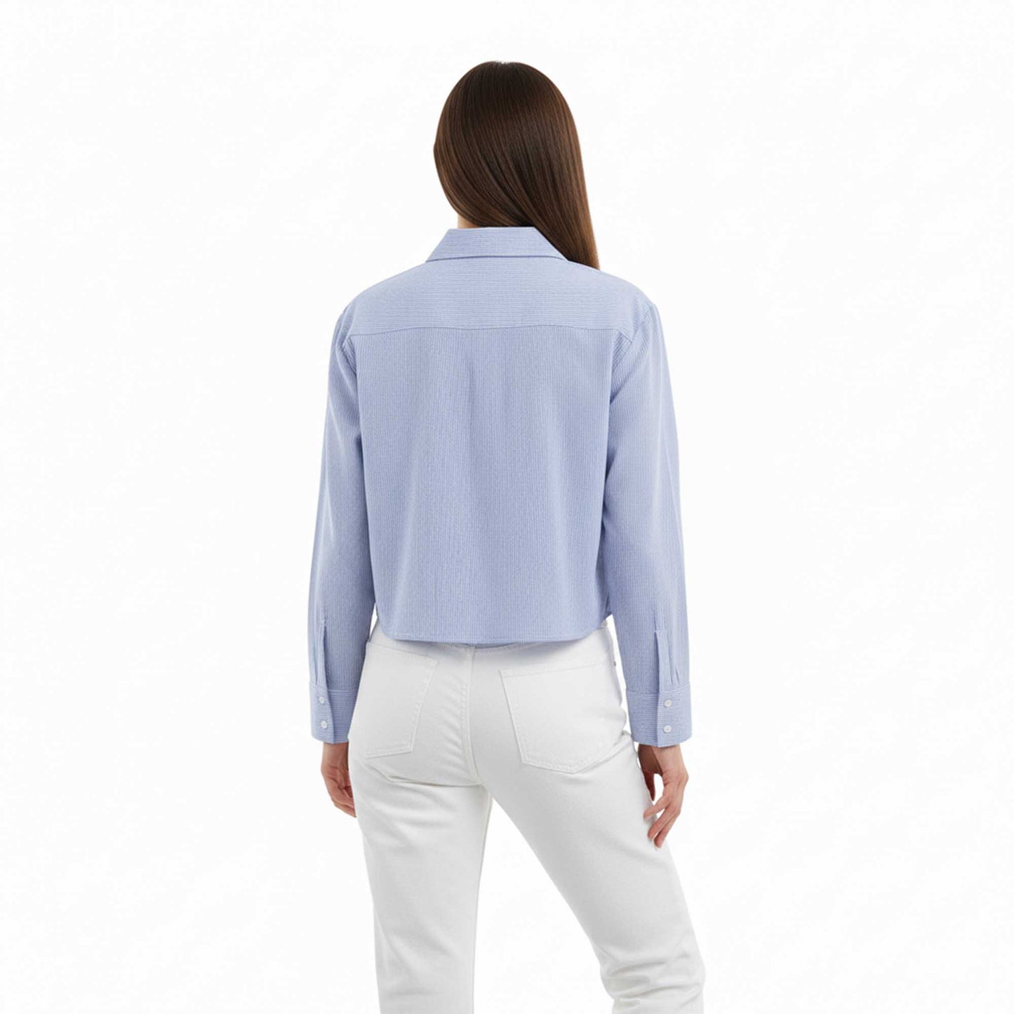 Women Blue Stripe Button-Down Shirt with Turn-Down Collar & Cuffed Sleeves – Polyester-Cotton Blend Cherie Code