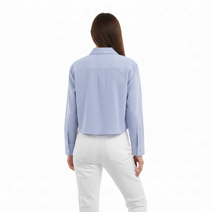 Women Blue Stripe Button-Down Shirt with Turn-Down Collar & Cuffed Sleeves – Polyester-Cotton Blend Cherie Code