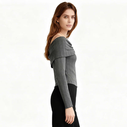 Cherie Code Women’s Off‑Shoulder Ruched Long Sleeve Knit Top – Slim Fit Stretch Tee in Grey