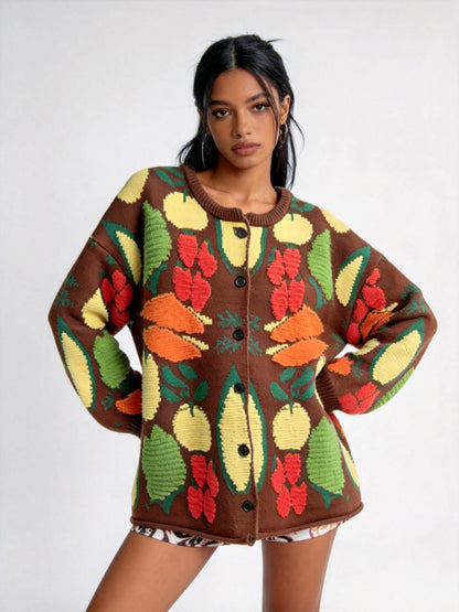 Women's Veggie Garden Jacquard Knit Cardigan -Casual Button Front Sweater Long Sleeves