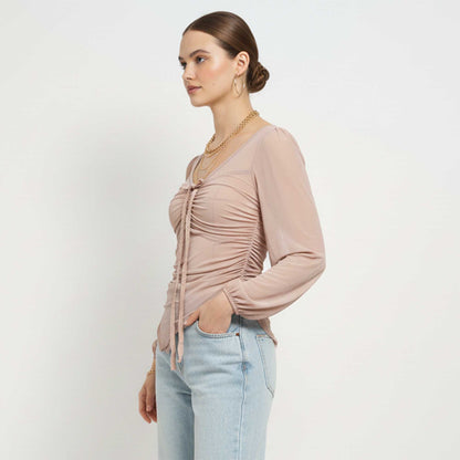 Cherie Code Women’s Mesh Tie‑Front Long Sleeve Top – Sheer Panel Ruched Knit Blouse