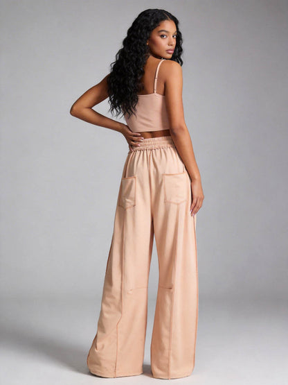 Cherie Code Women's High-Rise Wide Leg Pants with Drawstring and Pockets – Stretch Knit Casual Lounge Pants