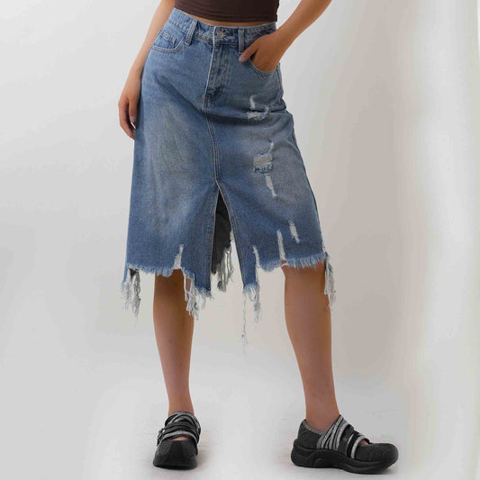 Women's Classic Distressed Denim Midi Skirt - Button & Zip Closure with Functional Pockets Cherie Code
