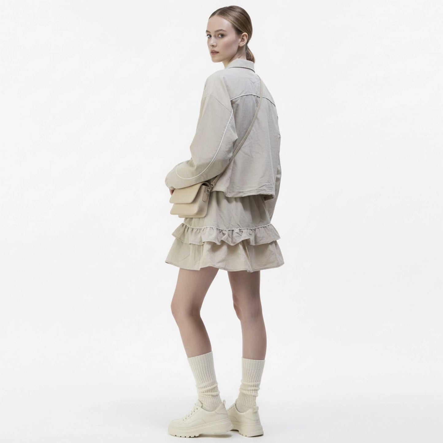 Cherie Code Women’s Plaid Patchwork Jacket & Tiered Ruffle Skort Set – Zipper Front, Stand Collar Casual Two‑Piec