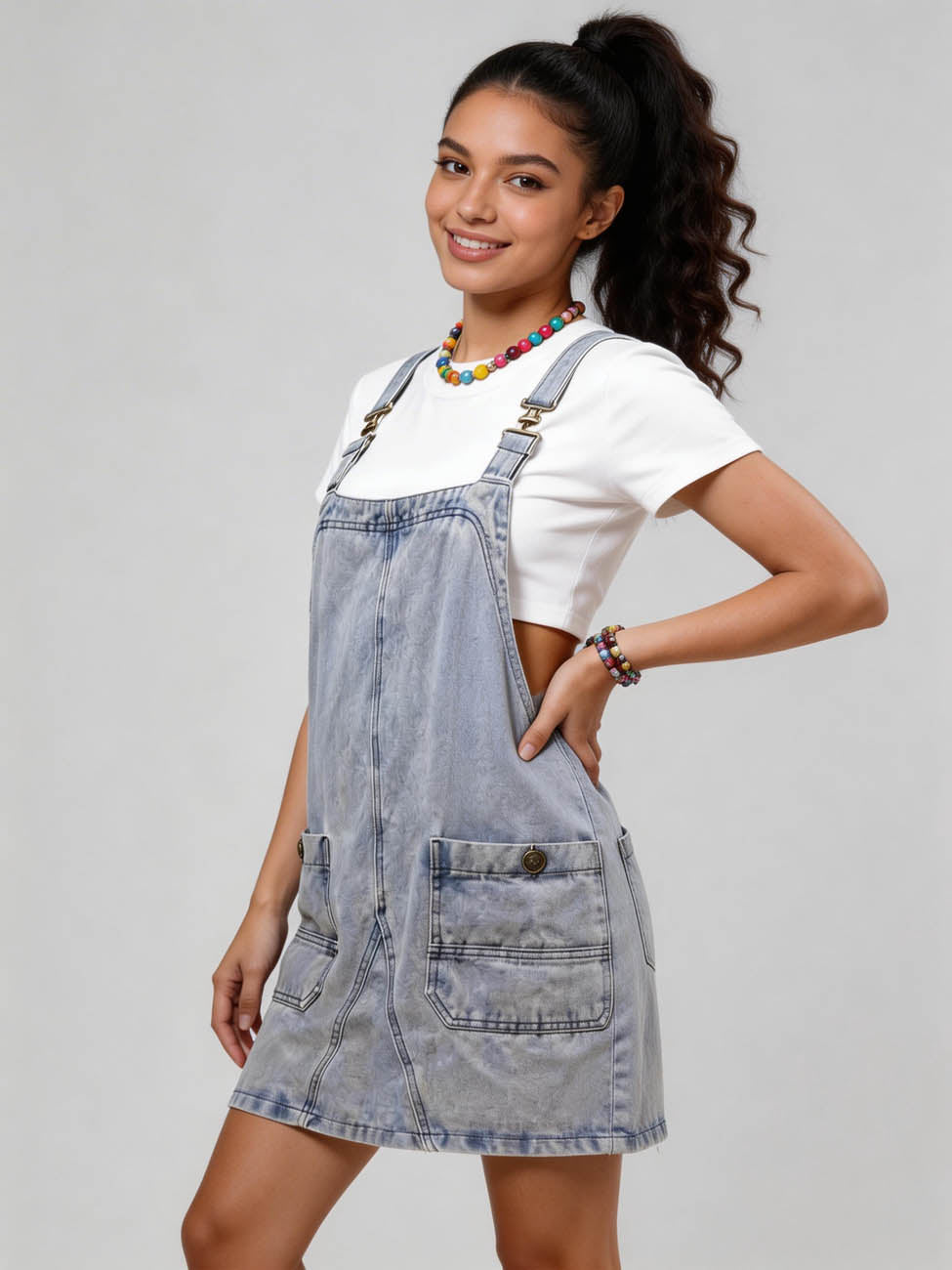 Cherie Code Women's Washed Denim Overall Mini Dress – Casual Adjustable Strap Pocket Pinafore Dress