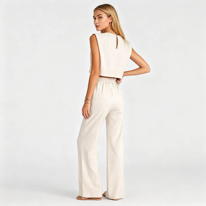 Cherie Code Women’s Casual Tie-Front Top and Wide-Leg Pants Set – Linen & Cotton Blend, Relaxed Fit, Khaki