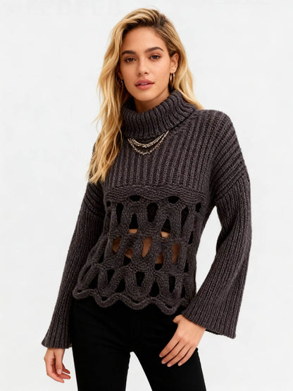 Cherie Code Women’s Hollow‑Knit Irregular Hem Sweater – Turtleneck Long Sleeve Ribbed Pullover