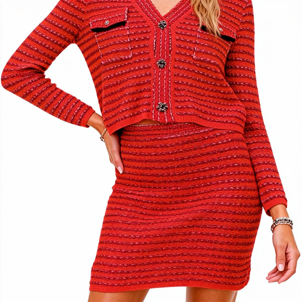 Cherie Code Women’s Red Stripe Long‑Sleeve Knit Cardigan & Skirt Set – Textured Rib Knit Button‑Front Two‑Piece Suit