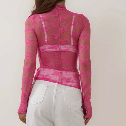 Women's Floral Lace Slim-Fit Top – Sheer Stretch Tee with Baby Overlock Edge Cherie Code