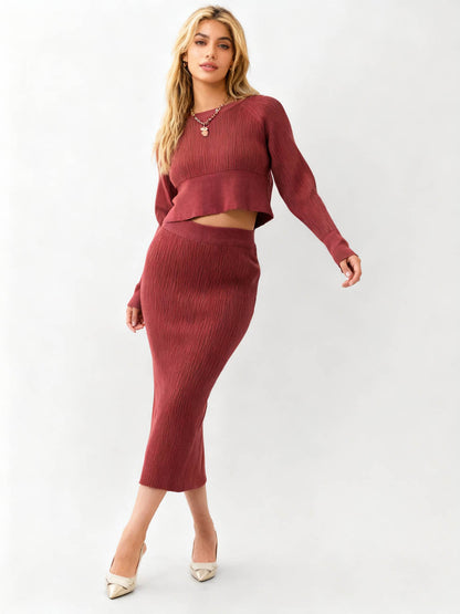 Women's Sweater Set - Stretch Knit Top & Back-Slit Midi Skirt Matching Set Cherie Code