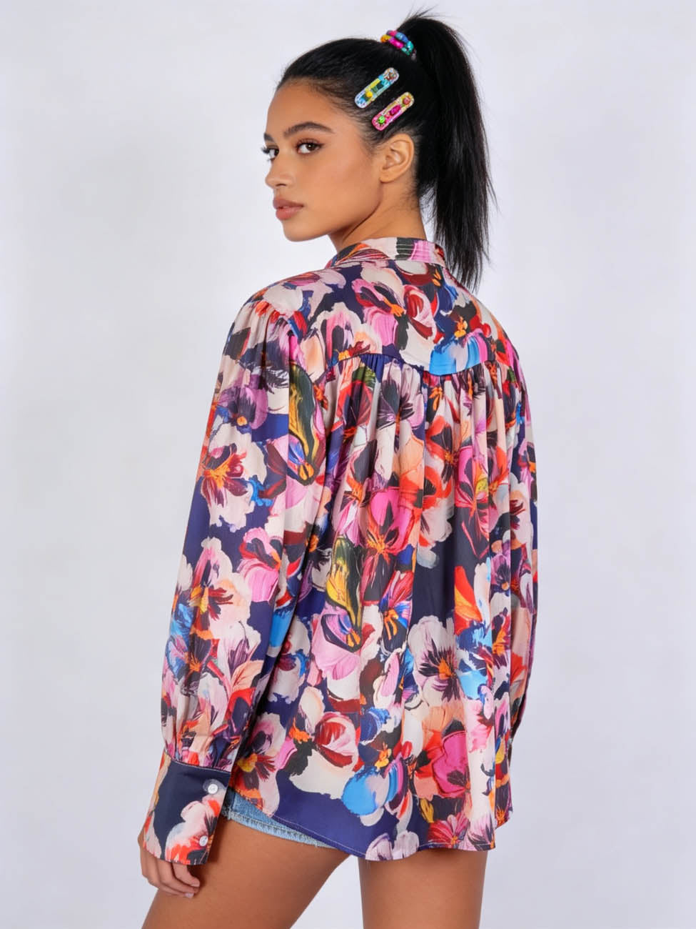 Women's Bold Floral Print Button Down Shirt – Lightweight Long Sleeve Relaxed Fit Blouse, Colorful Vacation Resort Casual Top