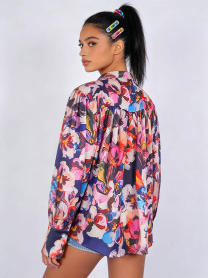 Women's Bold Floral Print Button Down Shirt – Lightweight Long Sleeve Relaxed Fit Blouse, Colorful Vacation Resort Casual Top