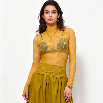 Women's Floral Lace Slim-Fit Top – Sheer Stretch Tee with Baby Overlock Edge Cherie Code