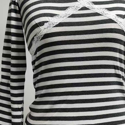 Cherie Code Women’s Black & White Striped Long Sleeve Tee – Lace‑Trim V‑Neck Casual Top