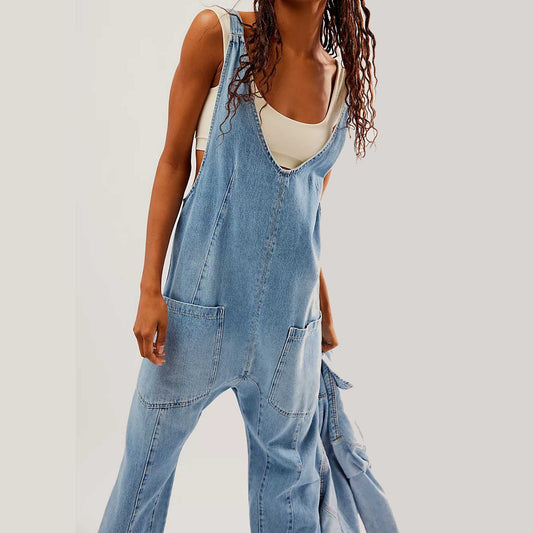 Woman Relaxed Fit Reversible Denim Jumpsuit with Adjustable Straps – Medium Wash Cherie Code