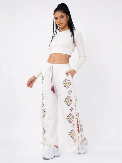 Women’s Embroidered Wide Leg Pants – Floral Drawstring High Waist Boho Lounge Trousers, Lightweight Polyester
