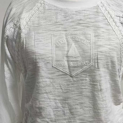 Cherie Code Women’s White Graphic Crew‑Neck Sweatshirt – A Sailboat Print Casual Long‑Sleeve Top