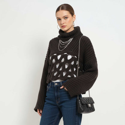 Cherie Code Women’s Hollow‑Knit Irregular Hem Sweater – Turtleneck Long Sleeve Ribbed Pullover