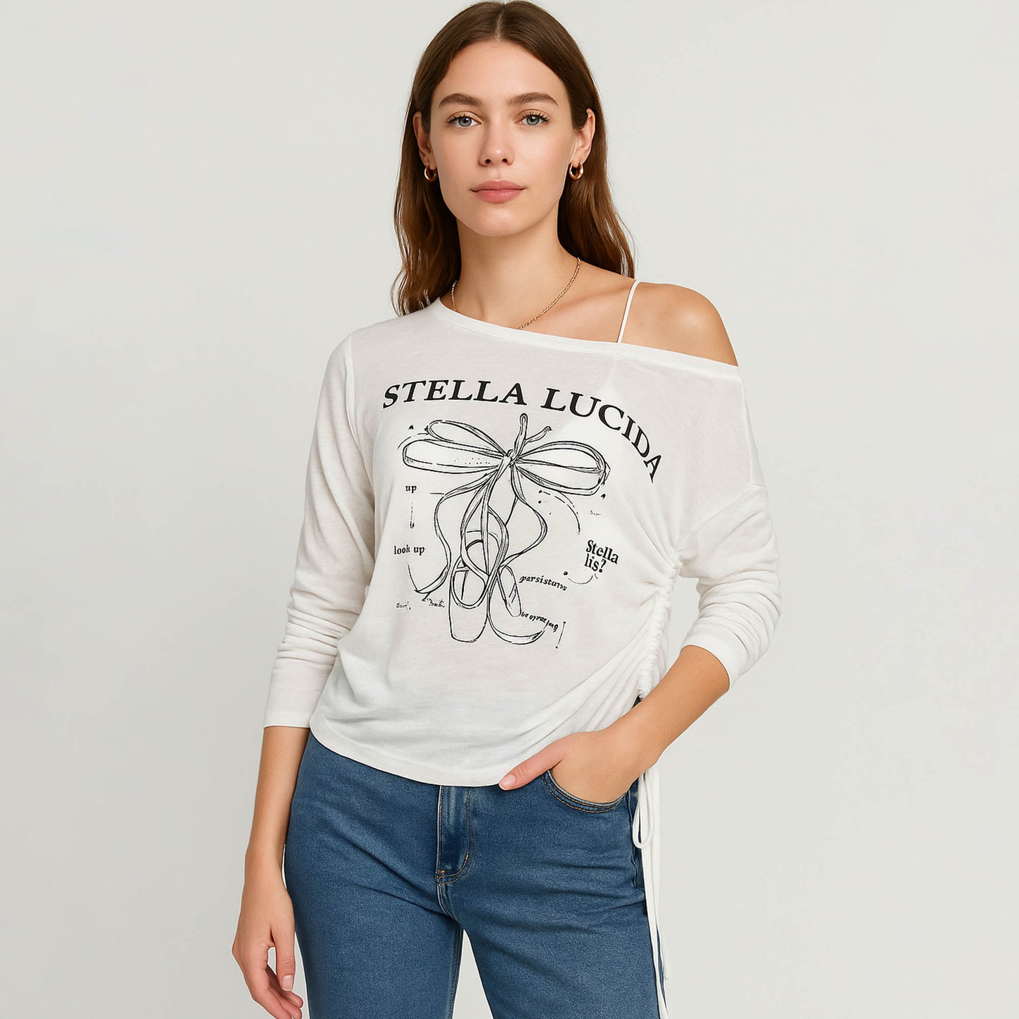 Cherie Code Women’s Graphic Top – Off-Shoulder, Ruched Side, Long Sleeve