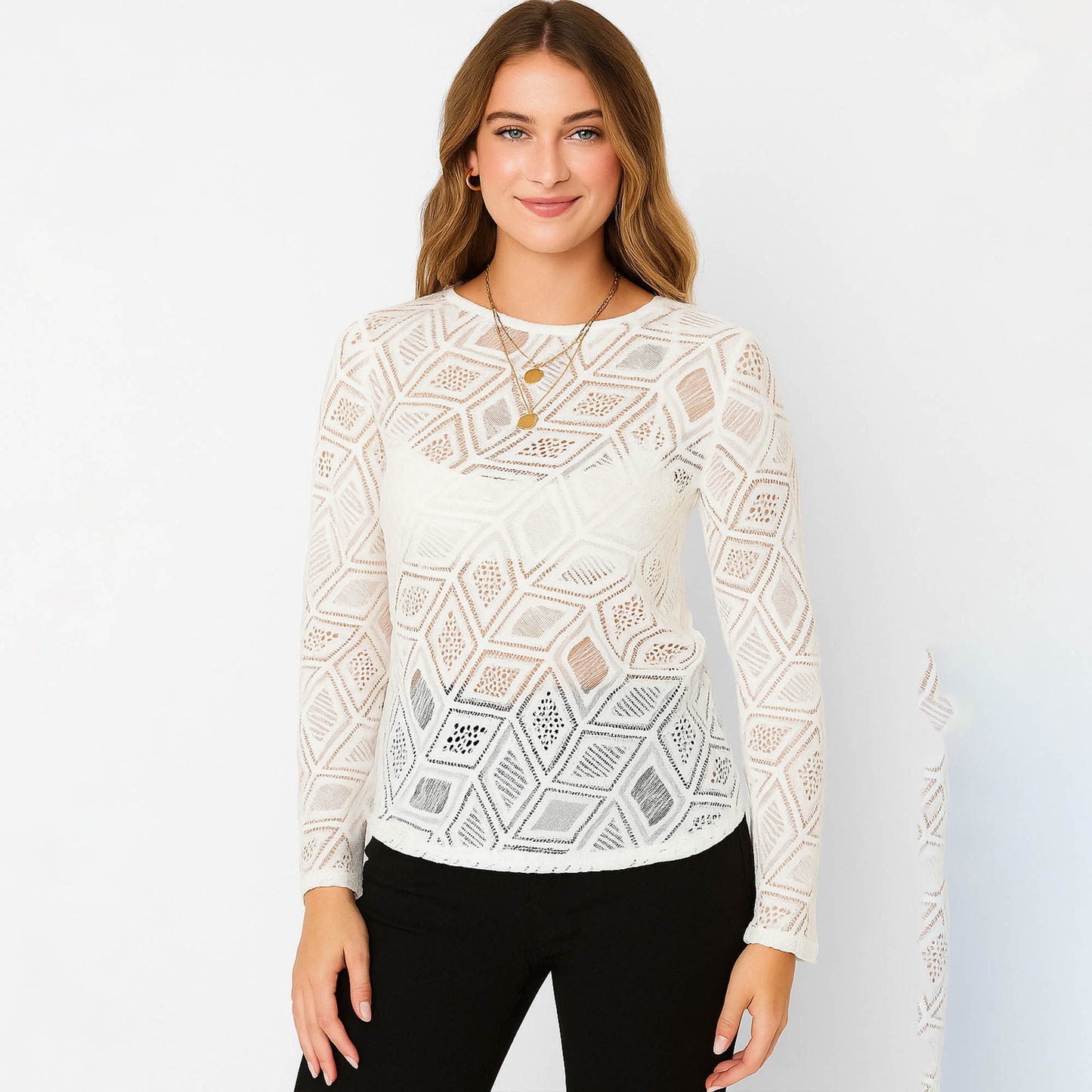 Cherie Code Women’s Mesh Pullover Top – Geometric Pattern, Long Sleeve, Sheer Knit