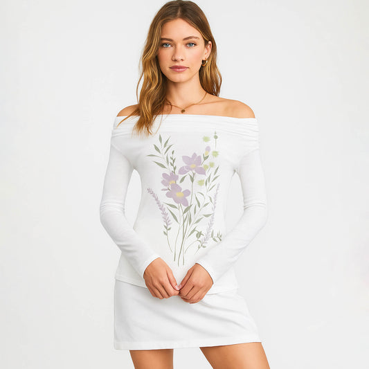 Cherie Code Women’s Graphic Top – Floral Print, Off-Shoulder, Long Sleeve